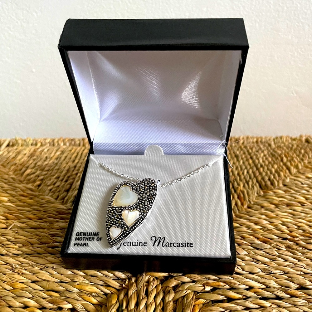 Marsala Genuine Mother of Pearl and Marcasite 17” Silver Necklace